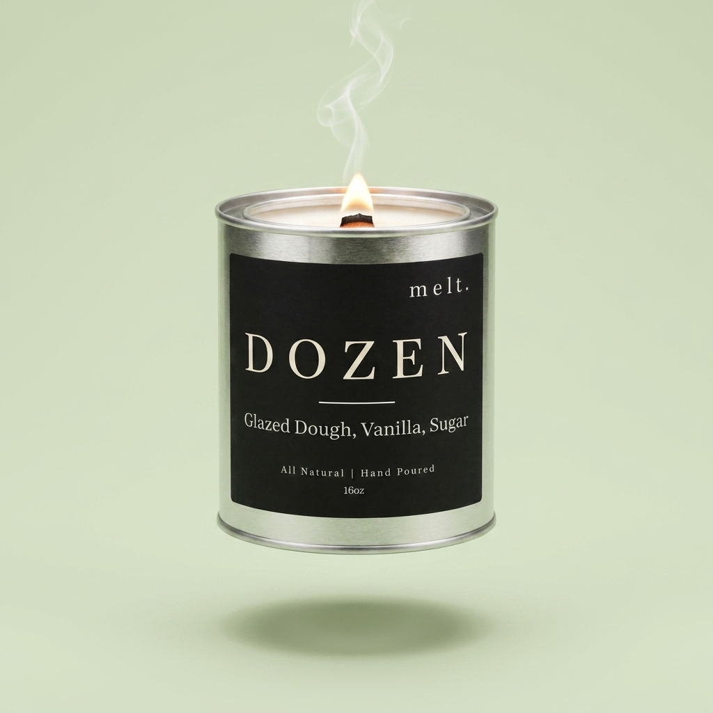 melt. dozen candle floating with lit wooden wick and a wisp of smoke on a pale sage green background