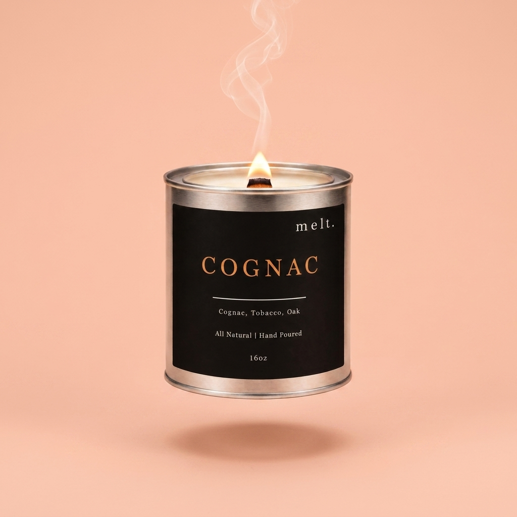 melt. cognac candle floating with lit wooden wick and a wisp of smoke on a pale peach coral background