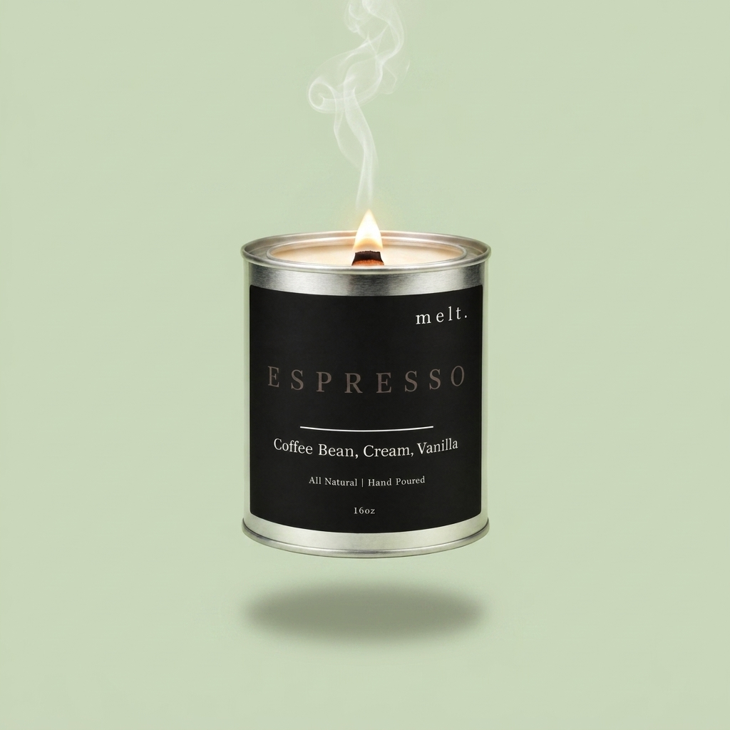 melt. espresso candle floating with lit wooden wick and a wisp of smoke on a pale sage green background