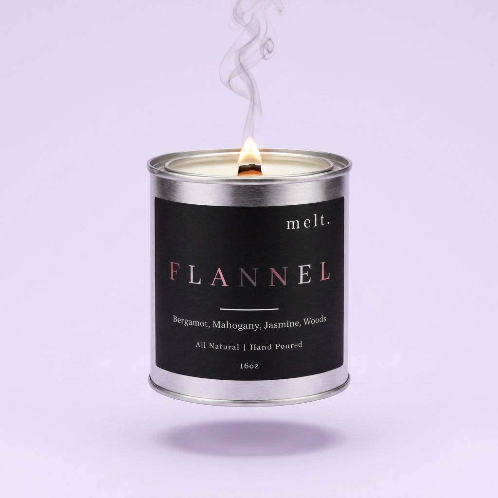 melt. flannel candle floating with lit wooden wick and a wisp of smoke on a pale lavender background