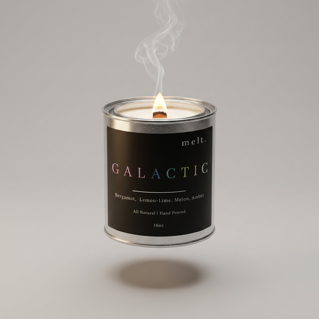 melt. galactic candle floating with lit wooden wick and a wisp of smoke on a pale warm gray background