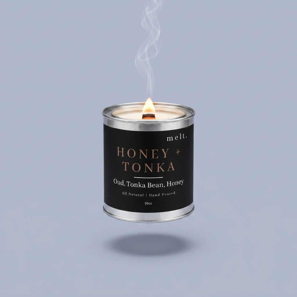 melt. honey + tonka candle floating with lit wooden wick and a wisp of smoke on a pale periwinkle blue-gray background