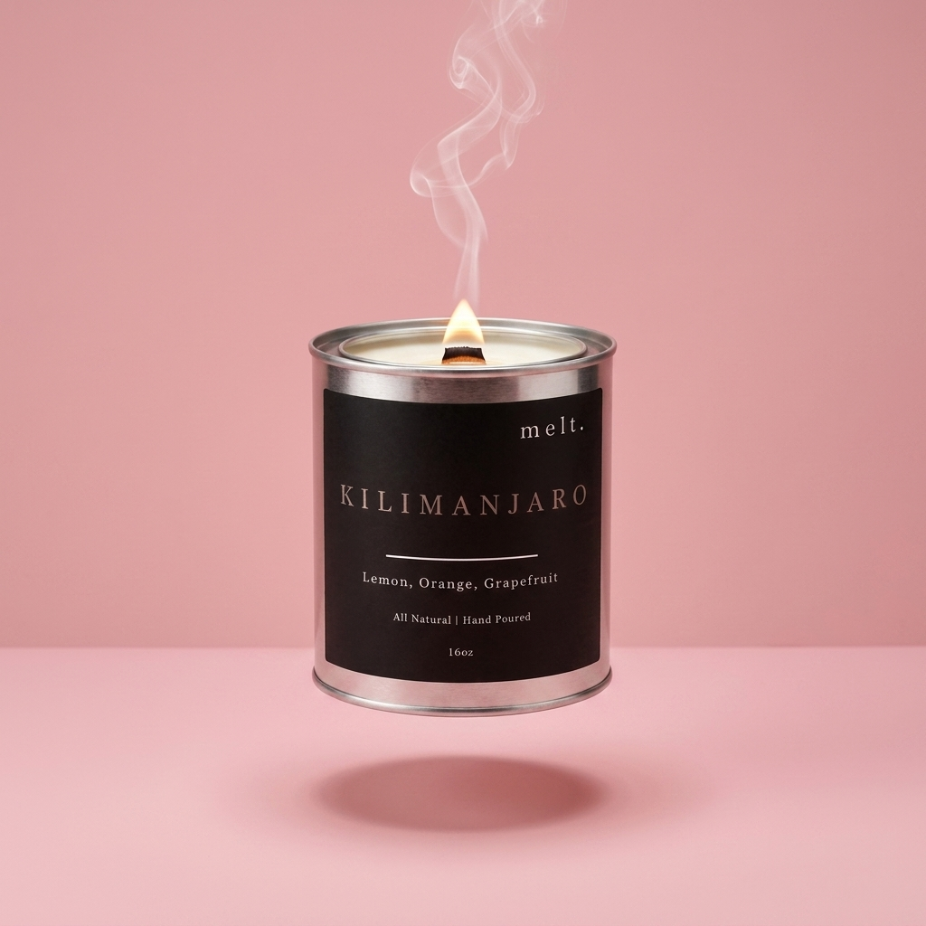 melt. kilimanjaro candle floating with lit wooden wick and a wisp of smoke on a pale rose pink background