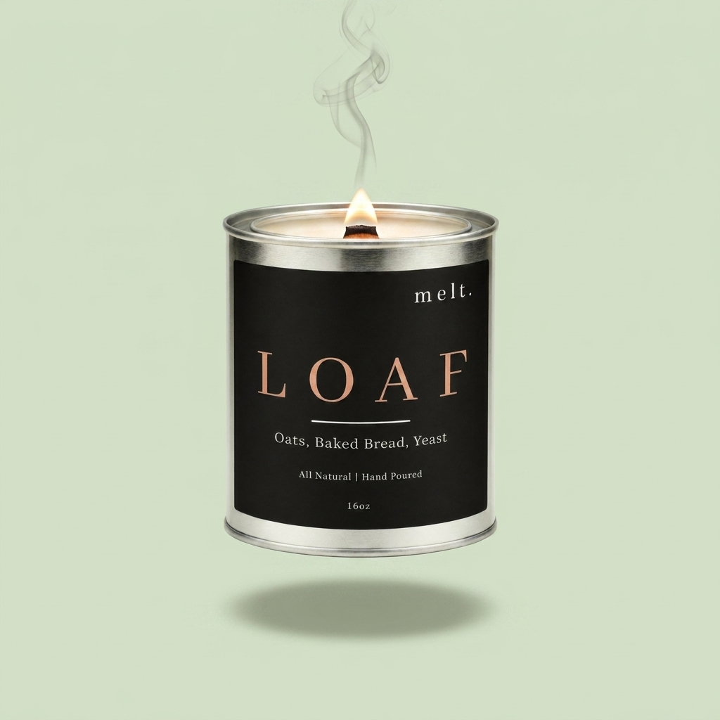 melt. loaf candle floating with lit wooden wick and a wisp of smoke on a pale sage green background