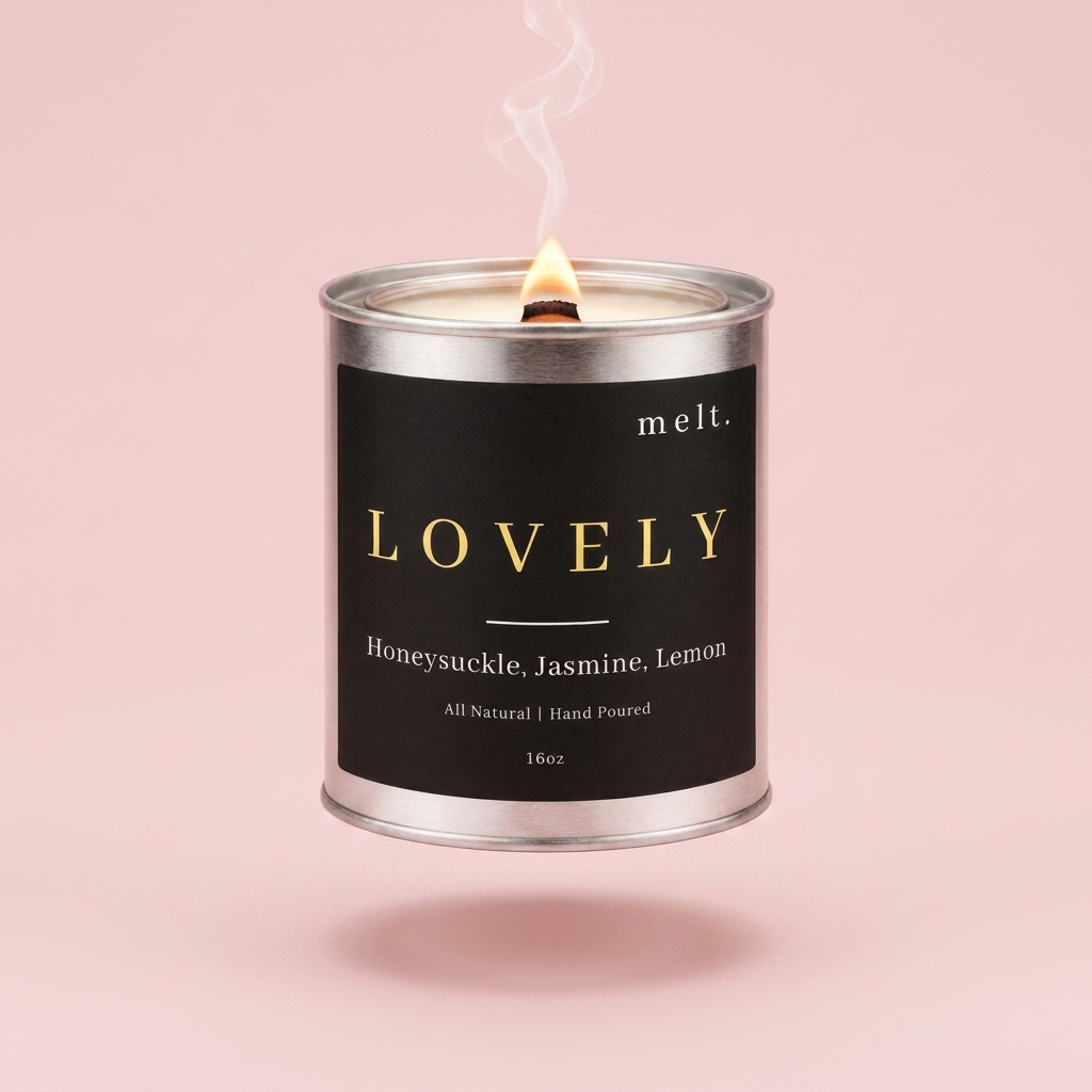 melt. lovely candle floating with lit wooden wick and a wisp of smoke on a pale blush pink background