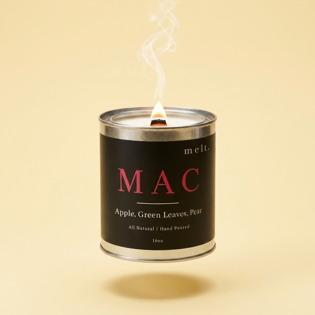 melt. mac candle floating with lit wooden wick and a wisp of smoke on a pale butter yellow background