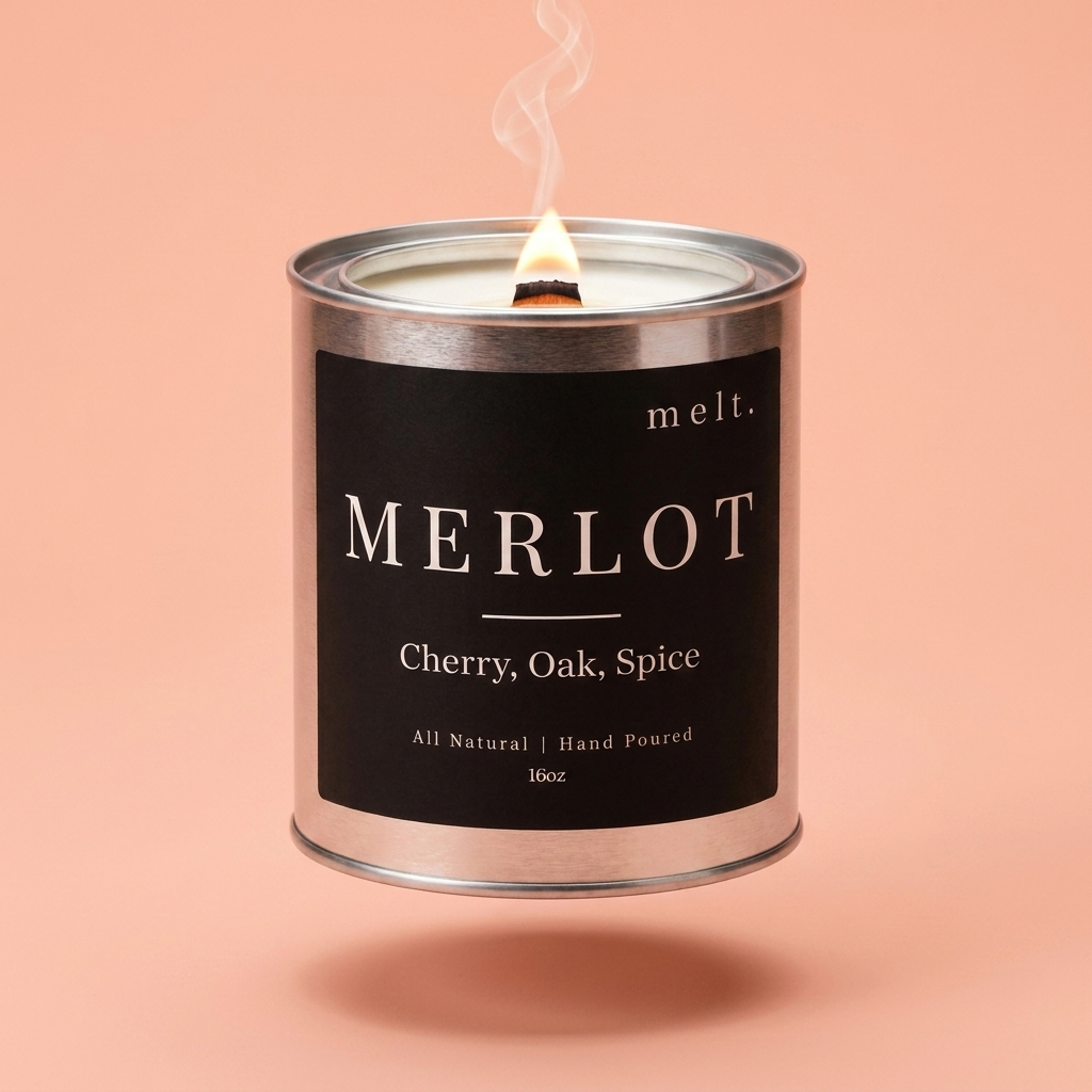 melt. merlot candle floating with lit wooden wick and a wisp of smoke on a pale peach coral background
