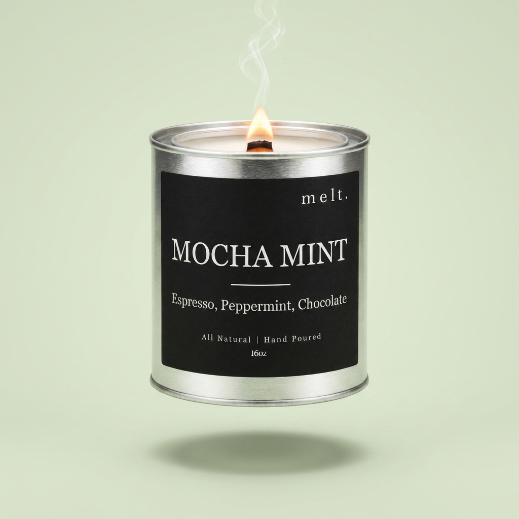 melt. mocha mint candle floating with lit wooden wick and a wisp of smoke on a pale sage green background