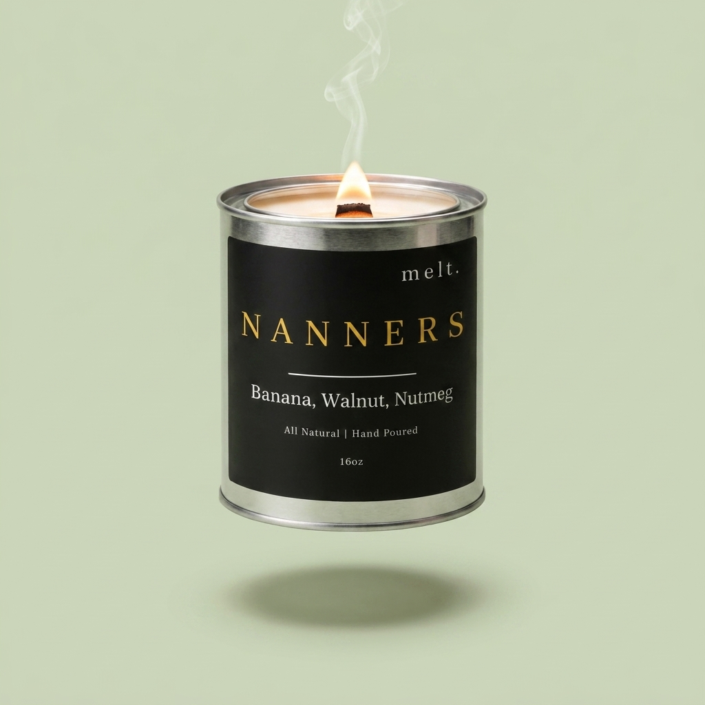 melt. nanners candle floating with lit wooden wick and a wisp of smoke on a pale sage green background