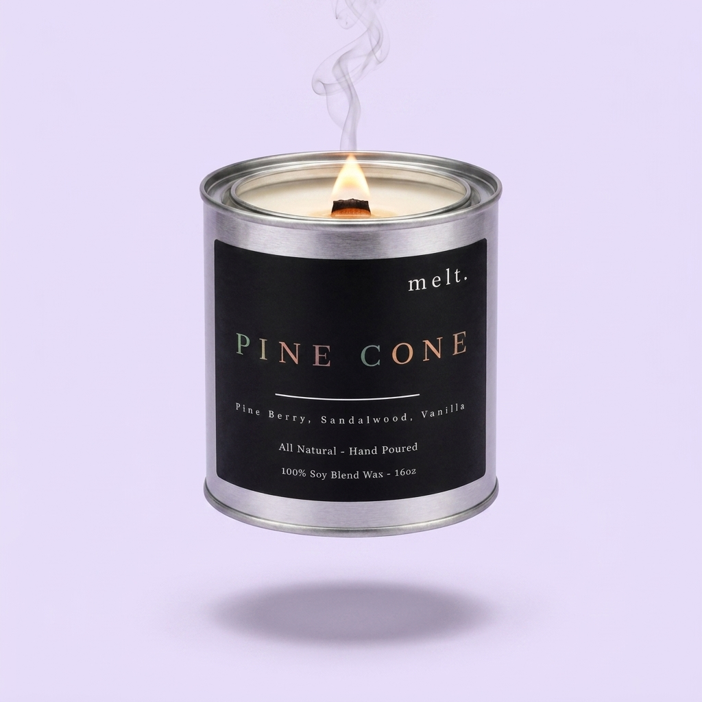 melt. pine cone candle floating with lit wooden wick and a wisp of smoke on a pale lavender background