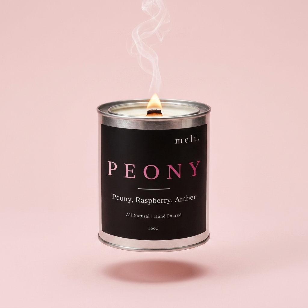 melt. peony candle floating with lit wooden wick and a wisp of smoke on a pale blush pink background