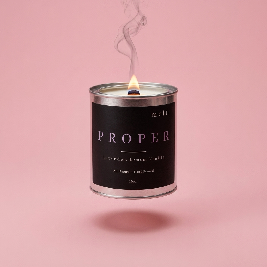 melt. proper candle floating with lit wooden wick and a wisp of smoke on a pale rose pink background