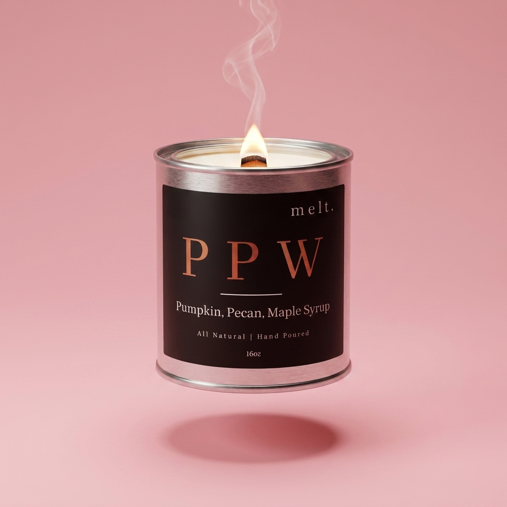 melt. ppw candle floating with lit wooden wick and a wisp of smoke on a pale rose pink background