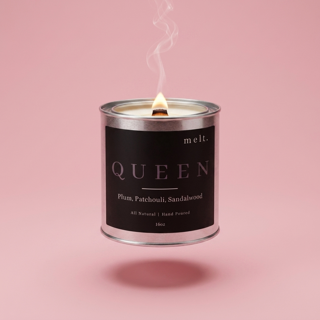 melt. queen candle floating with lit wooden wick and a wisp of smoke on a pale rose pink background