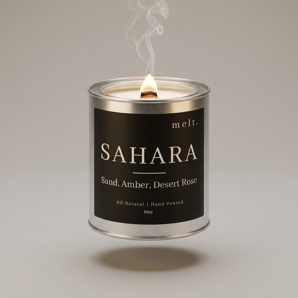 melt. sahara candle floating with lit wooden wick and a wisp of smoke on a pale warm gray background