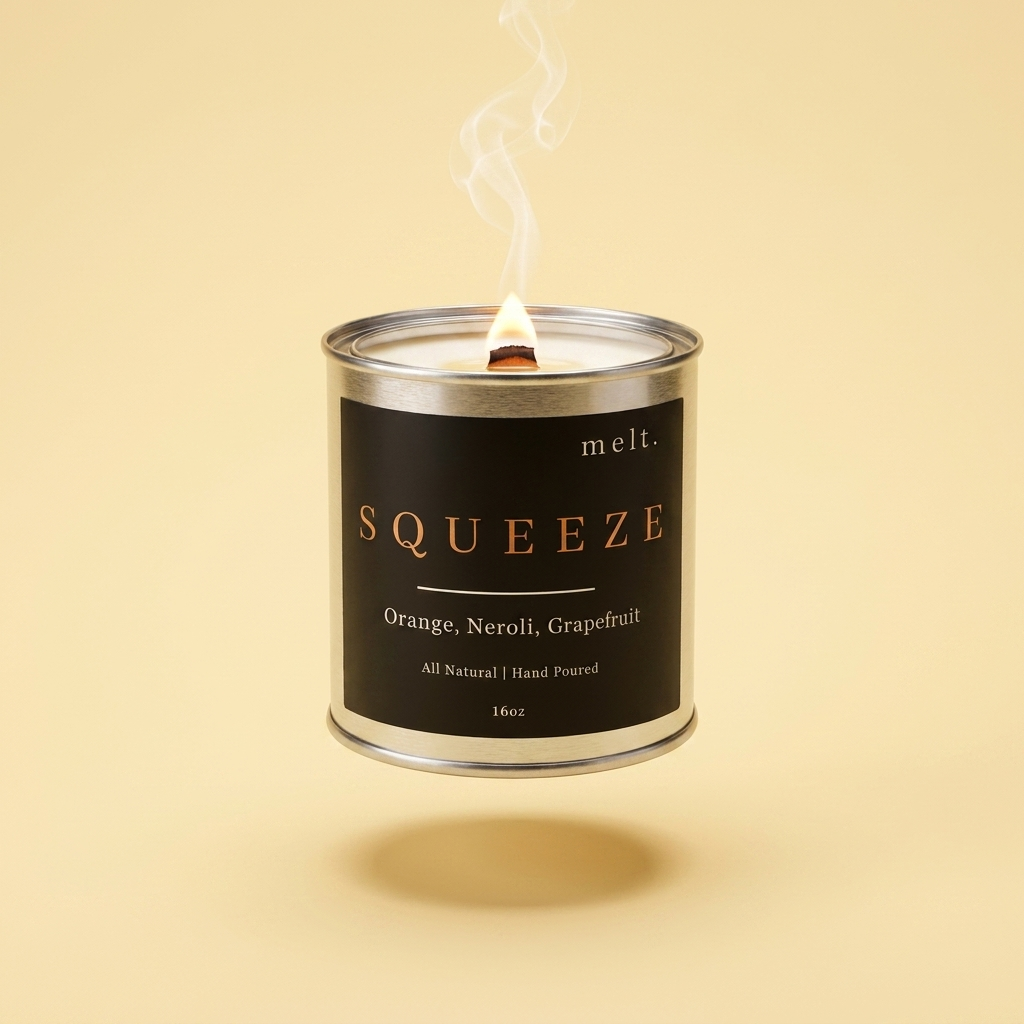 melt. squeeze candle floating with lit wooden wick and a wisp of smoke on a pale butter yellow background