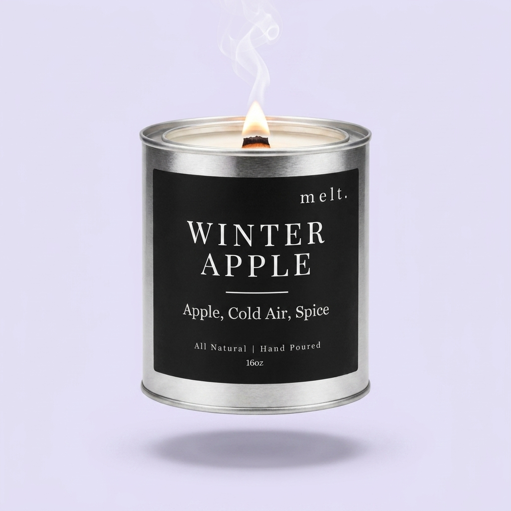 melt. winter apple candle floating with lit wooden wick and a wisp of smoke on a pale lavender background