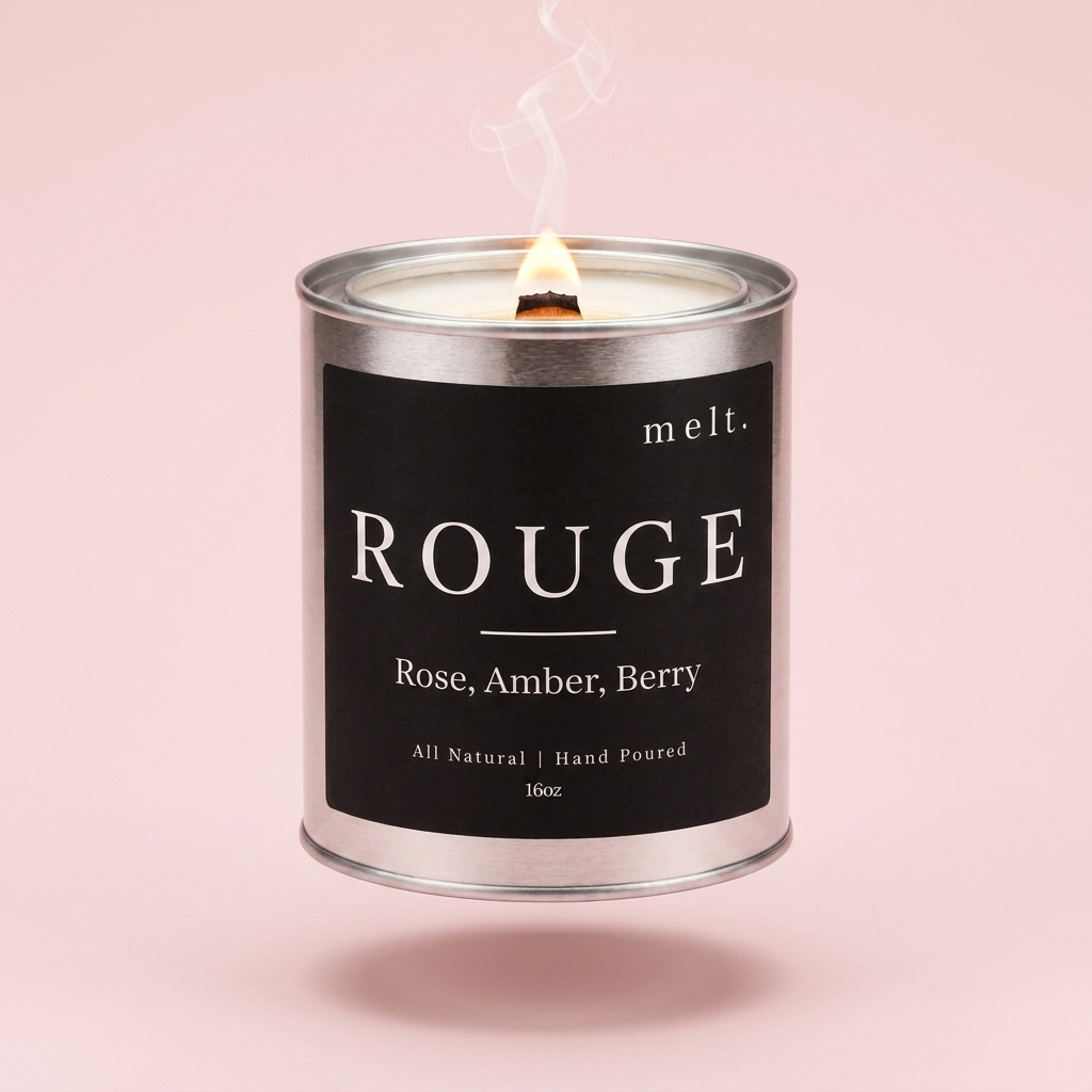 melt. rouge candle floating with lit wooden wick and a wisp of smoke on a pale blush pink background