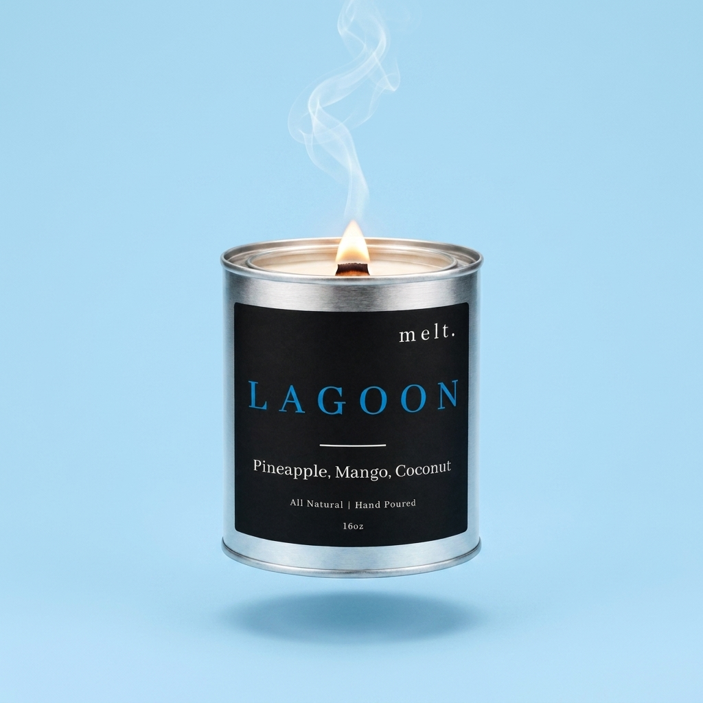 melt. lagoon candle floating with lit wooden wick and a wisp of smoke on a pastel sky blue background