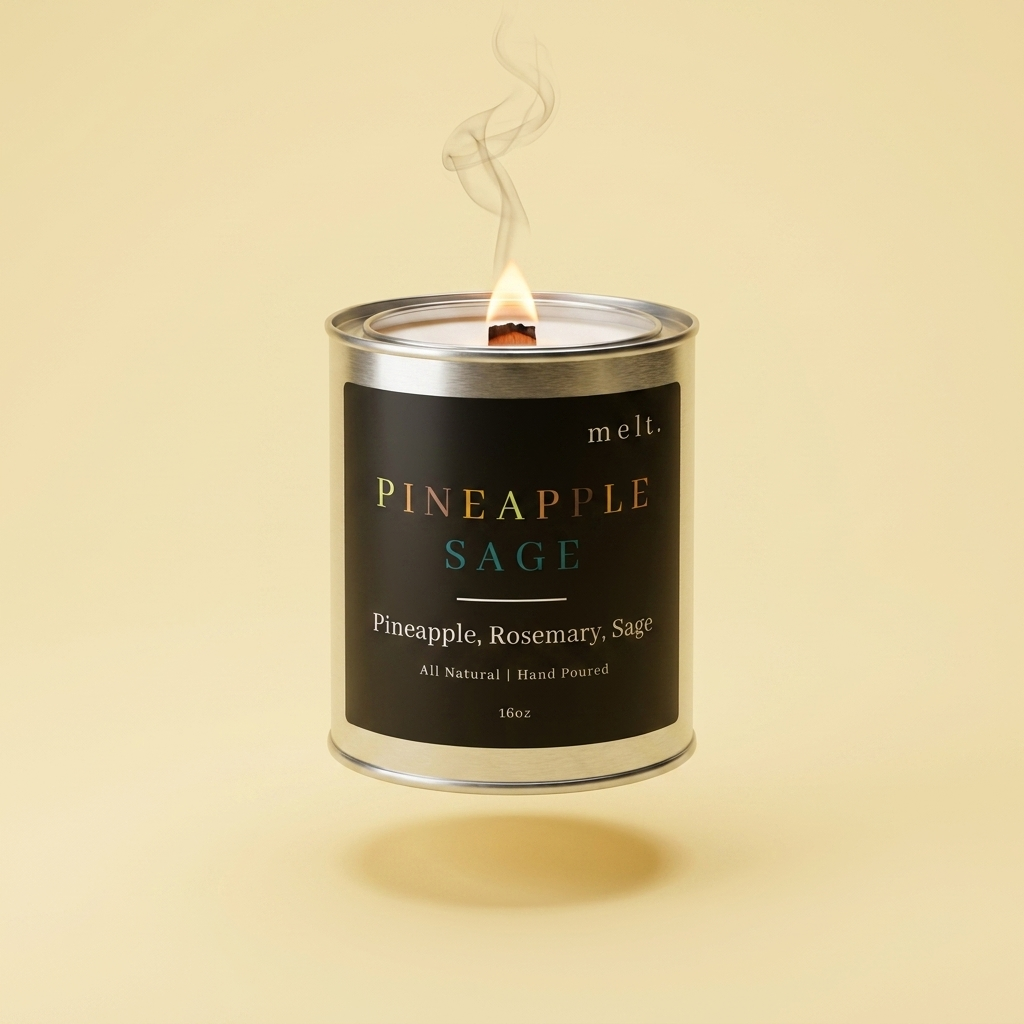 melt. pineapple sage candle floating with lit wooden wick and a wisp of smoke on a pale butter yellow background