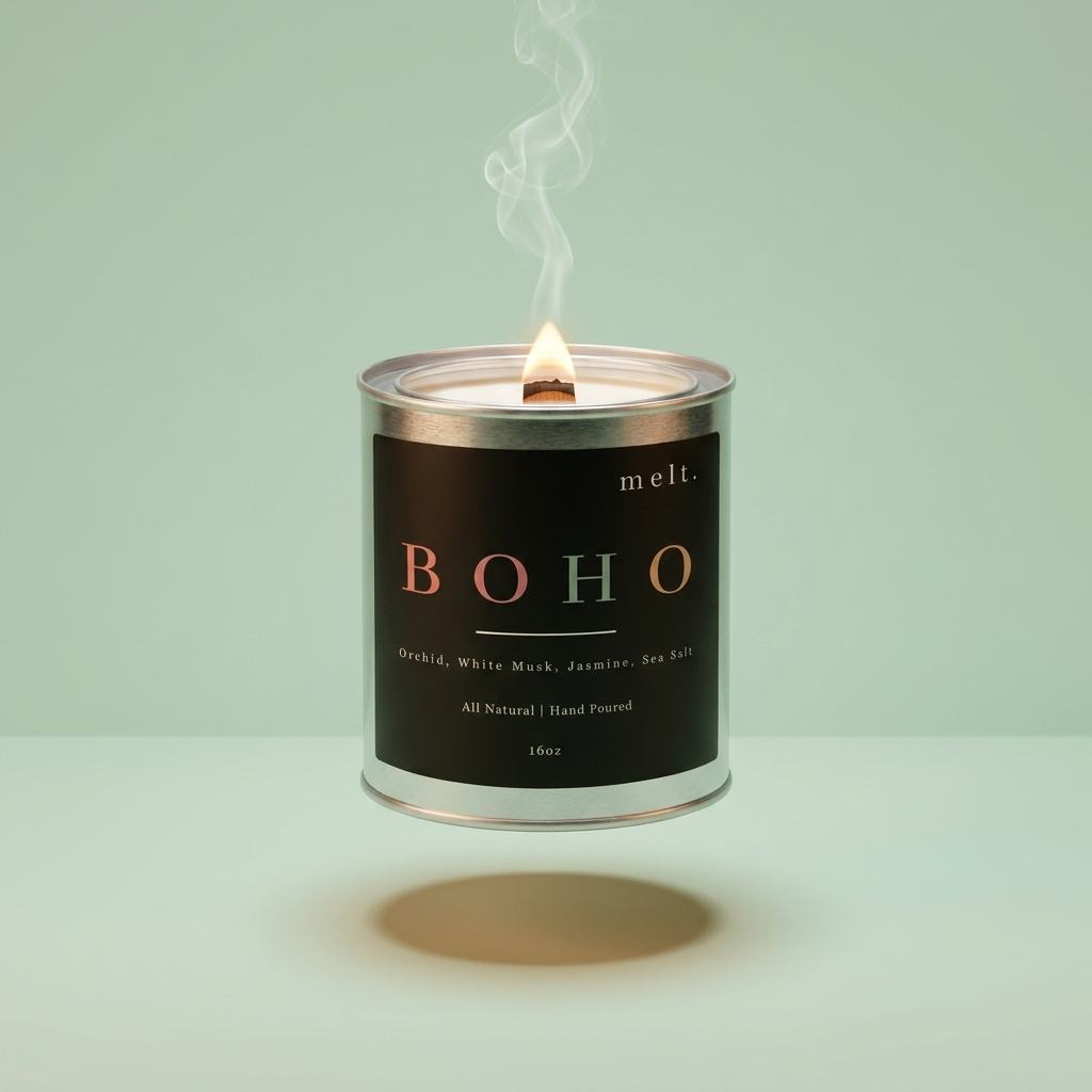 melt. boho candle floating with lit wooden wick and a wisp of smoke on a pale mint green background