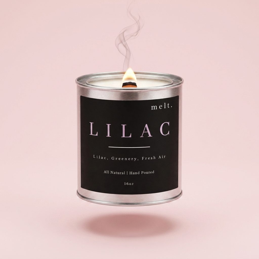 melt. lilac candle floating with lit wooden wick and a wisp of smoke on a pale blush pink background