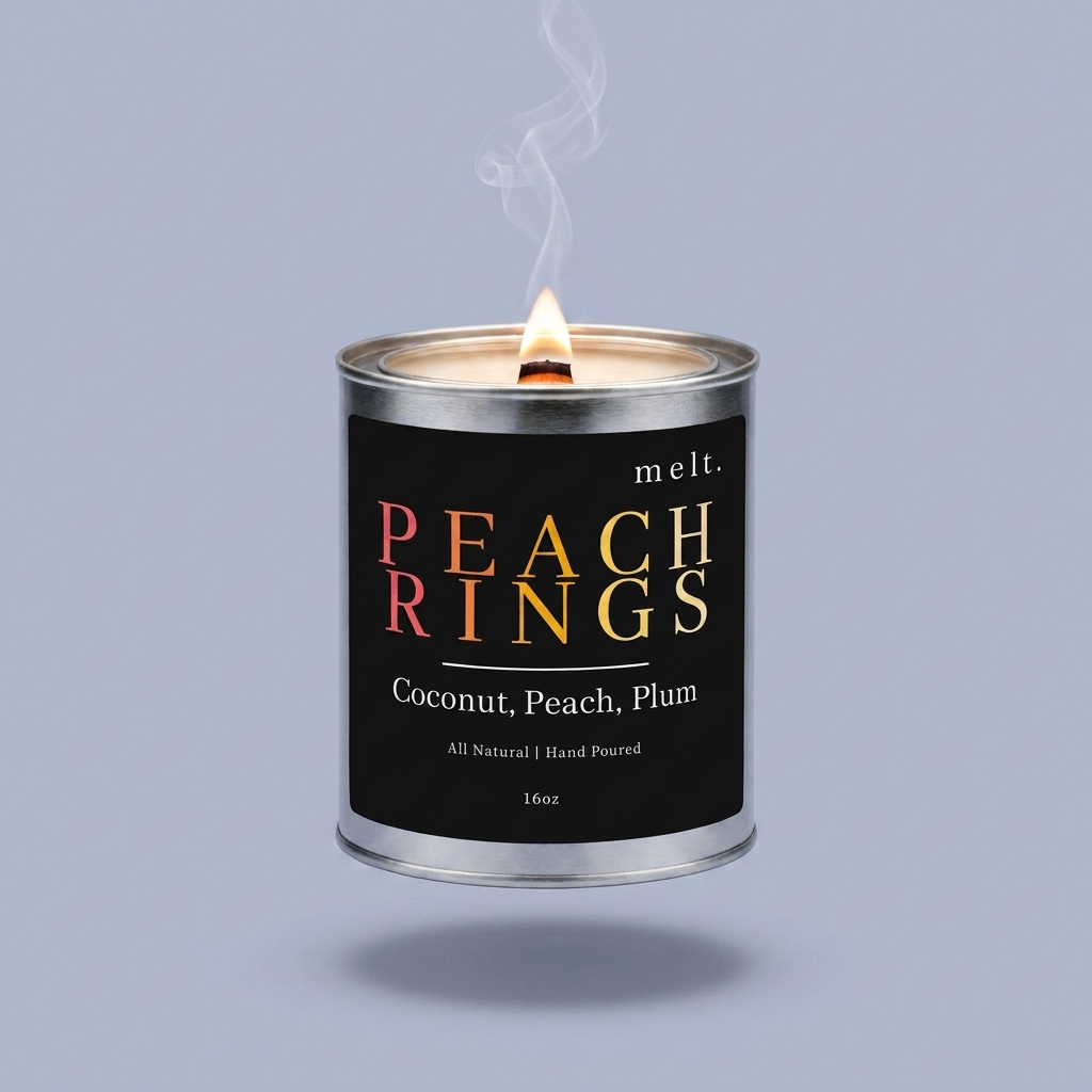 melt. peach rings candle floating with lit wooden wick and a wisp of smoke on a pale periwinkle blue-gray background