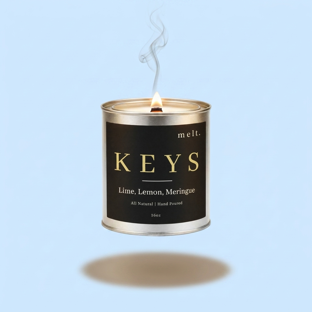 melt. keys candle floating with lit wooden wick and a wisp of smoke on a pastel sky blue background