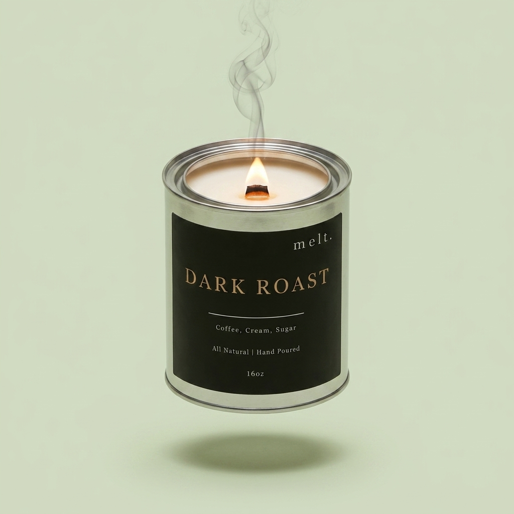 melt. dark roast candle floating with lit wooden wick and a wisp of smoke on a pale sage green background