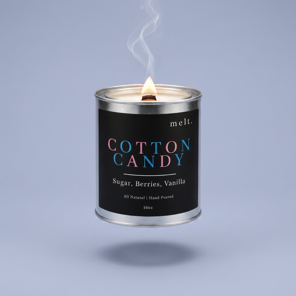 melt. cotton candy candle floating with lit wooden wick and a wisp of smoke on a pale periwinkle blue-gray background