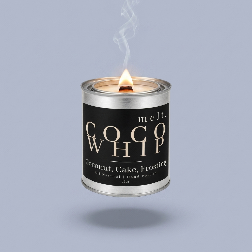 melt. coco whip candle floating with lit wooden wick and a wisp of smoke on a pale periwinkle blue-gray background