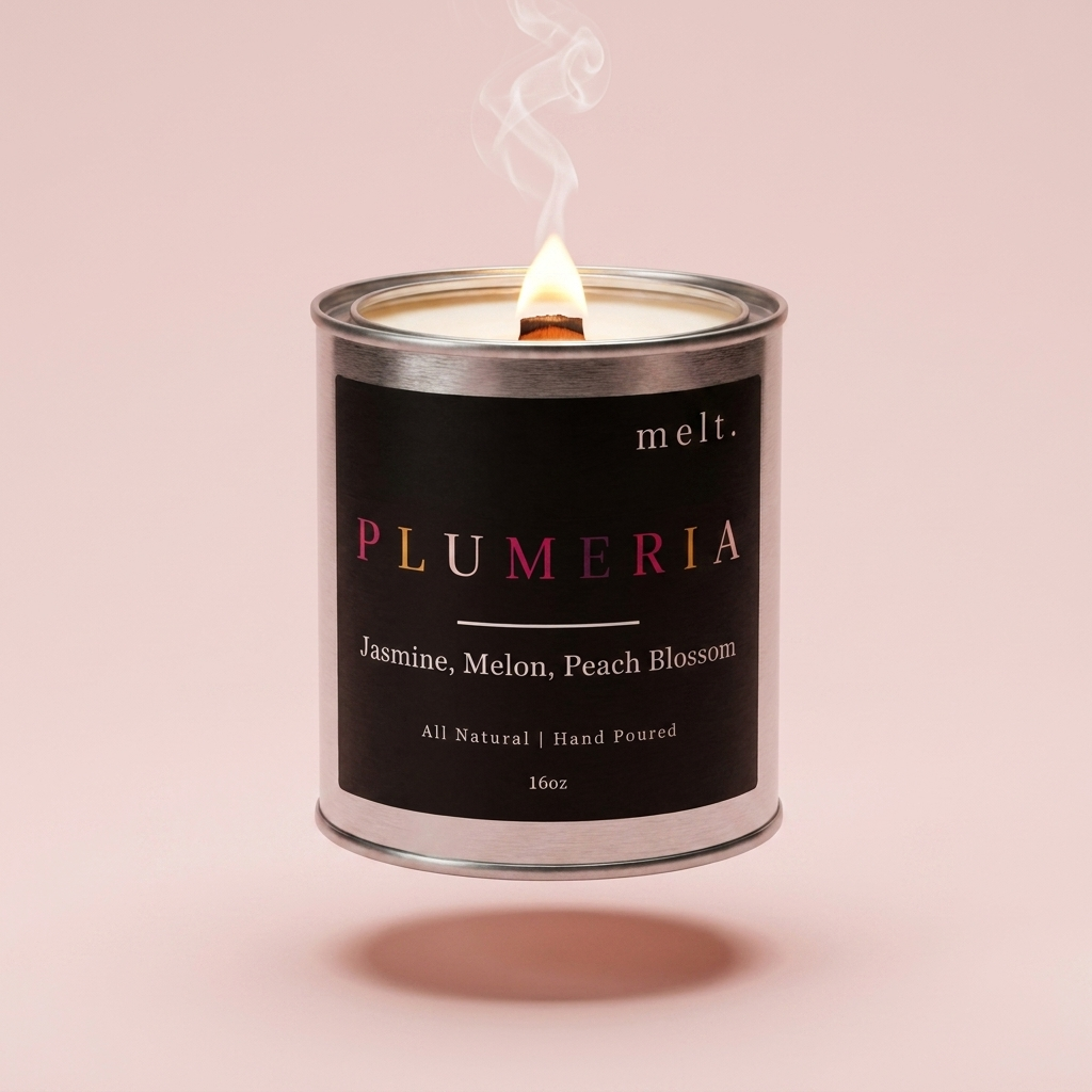melt. plumeria candle floating with lit wooden wick and a wisp of smoke on a pale blush pink background