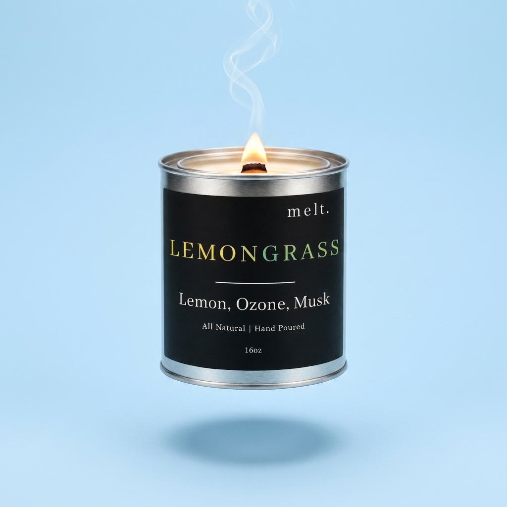 melt. lemongrass candle floating with lit wooden wick and a wisp of smoke on a pastel sky blue background