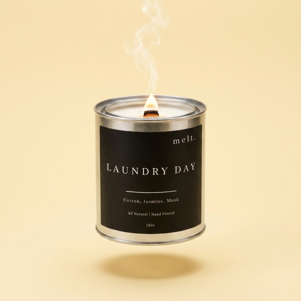 melt. laundry day candle floating with lit wooden wick and a wisp of smoke on a pale butter yellow background