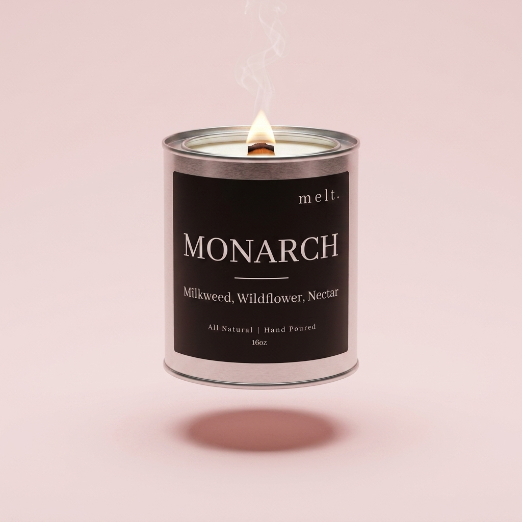 melt. monarch candle floating with lit wooden wick and a wisp of smoke on a pale blush pink background