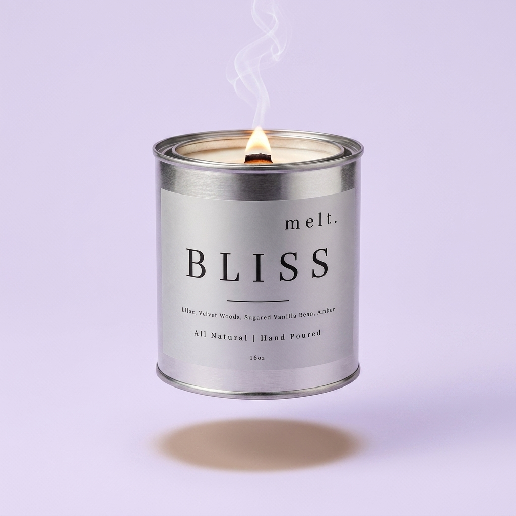 melt. bliss candle floating with lit wooden wick and a wisp of smoke on a pale lavender background