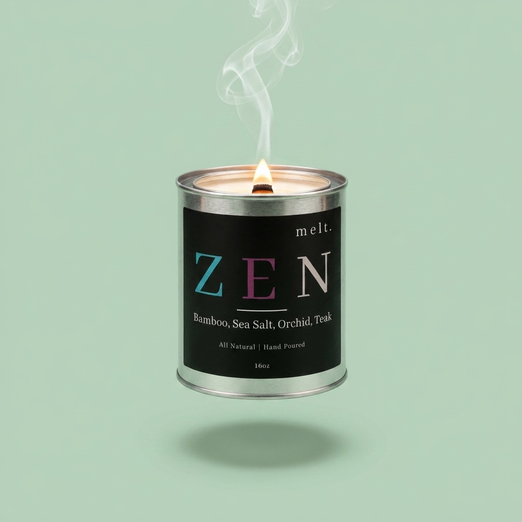 melt. zen candle floating with lit wooden wick and a wisp of smoke on a pale mint green background