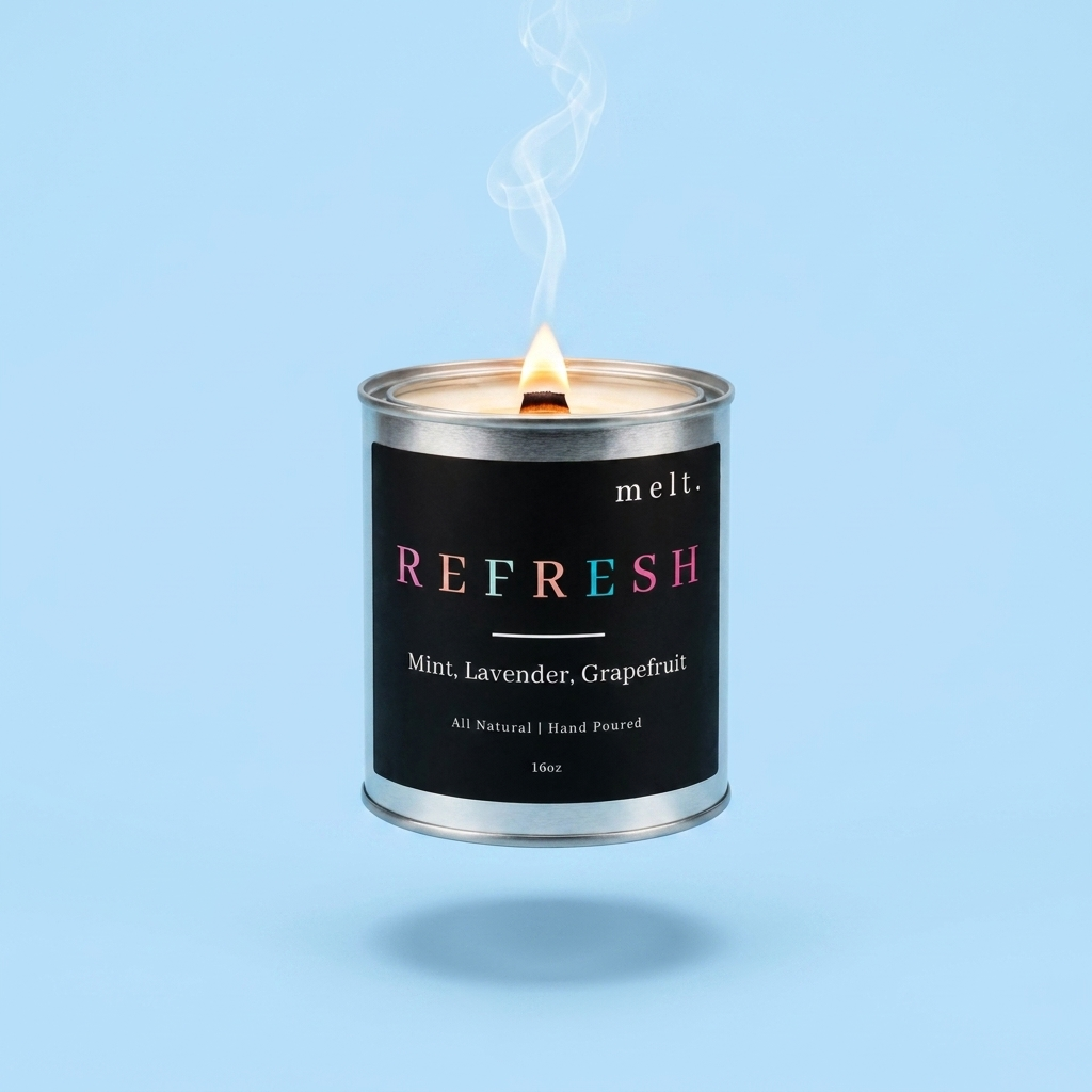 melt. refresh candle floating with lit wooden wick and a wisp of smoke on a pastel sky blue background