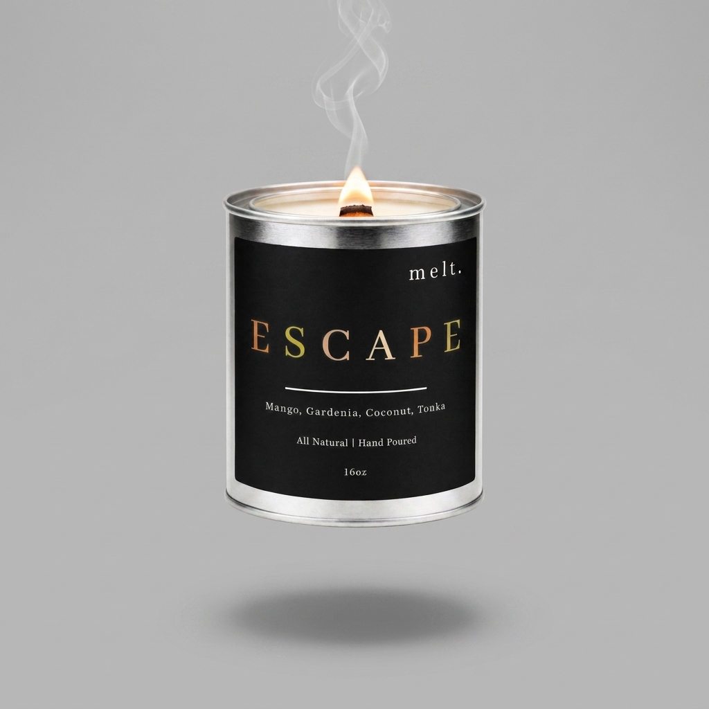 melt. escape candle floating with lit wooden wick and a wisp of smoke on a pale warm gray background