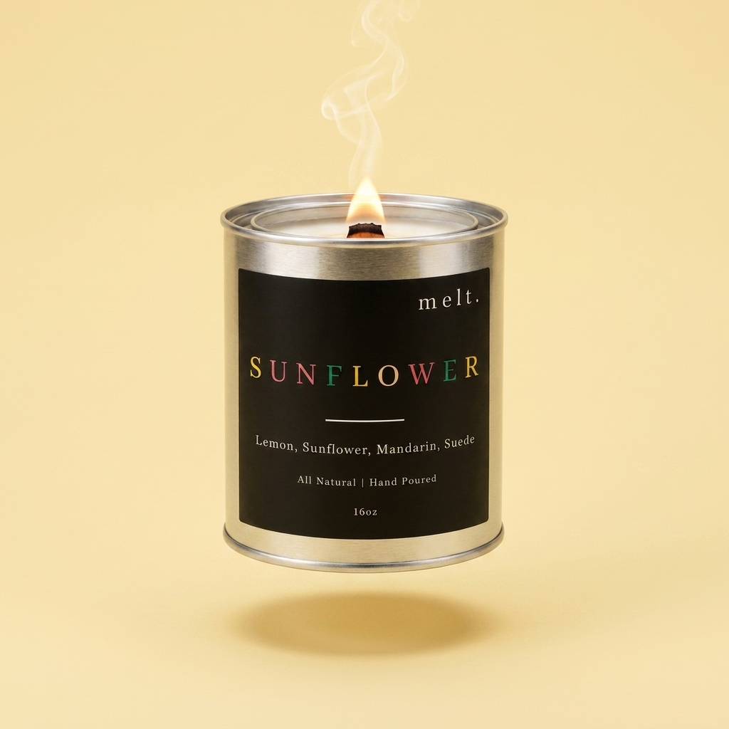 melt. sunflower candle floating with lit wooden wick and a wisp of smoke on a pale butter yellow background