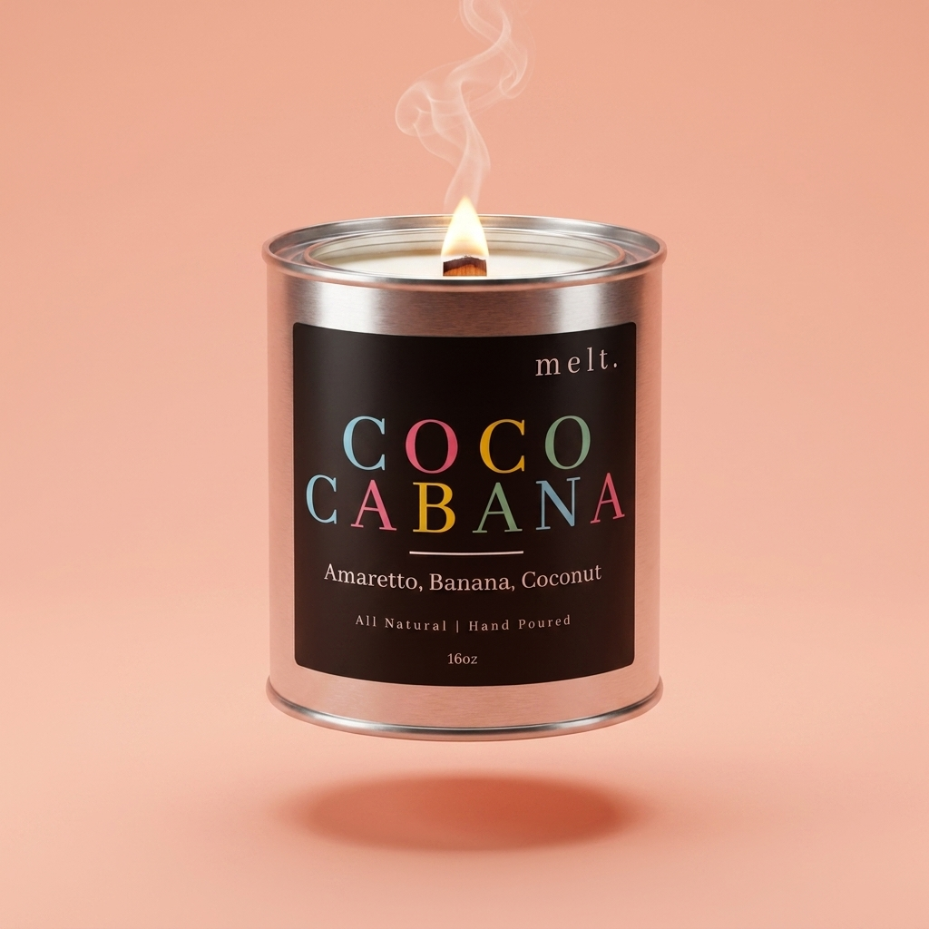 melt. coco cabana candle floating with lit wooden wick and a wisp of smoke on a pale peach coral background