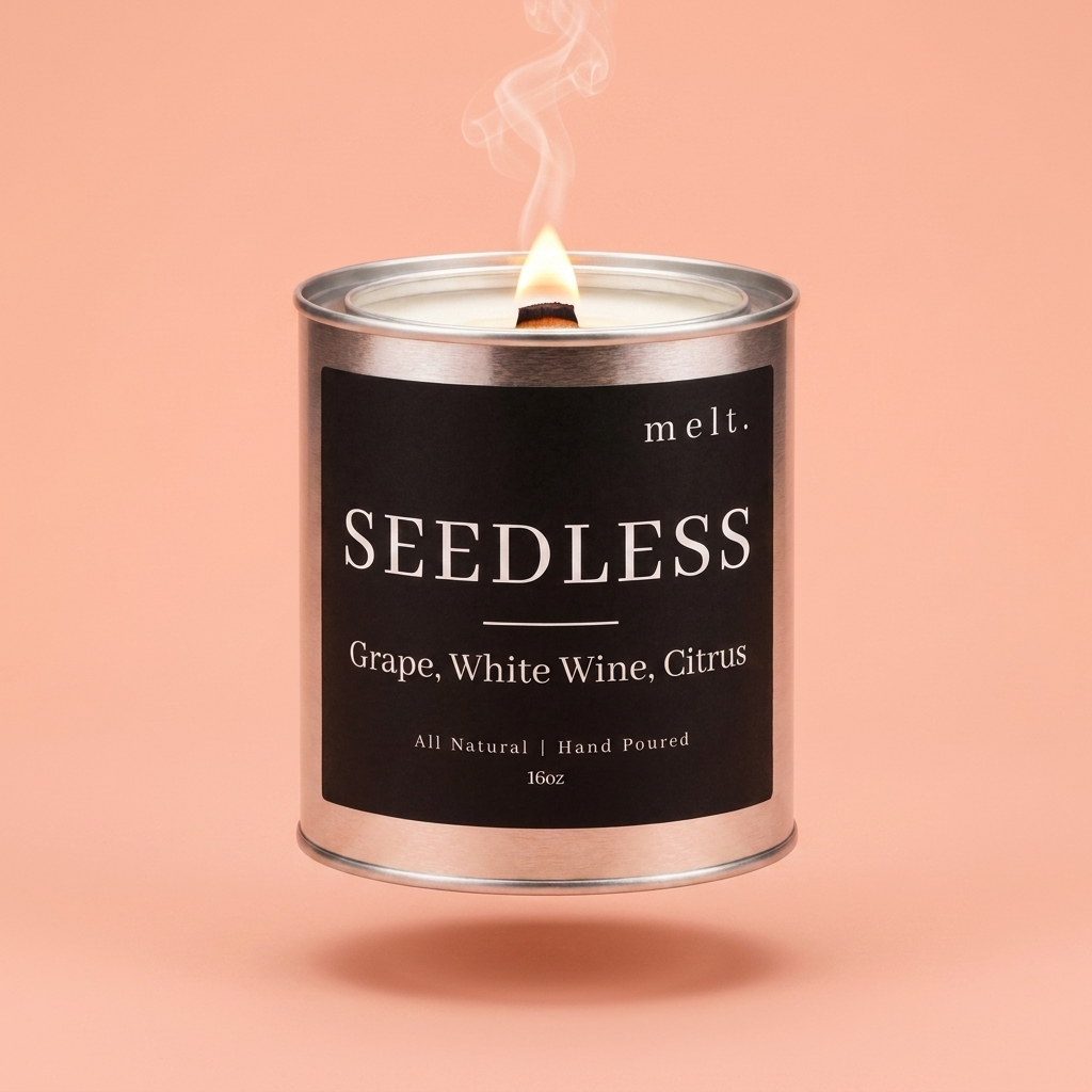 melt. seedless candle floating with lit wooden wick and a wisp of smoke on a pale peach coral background