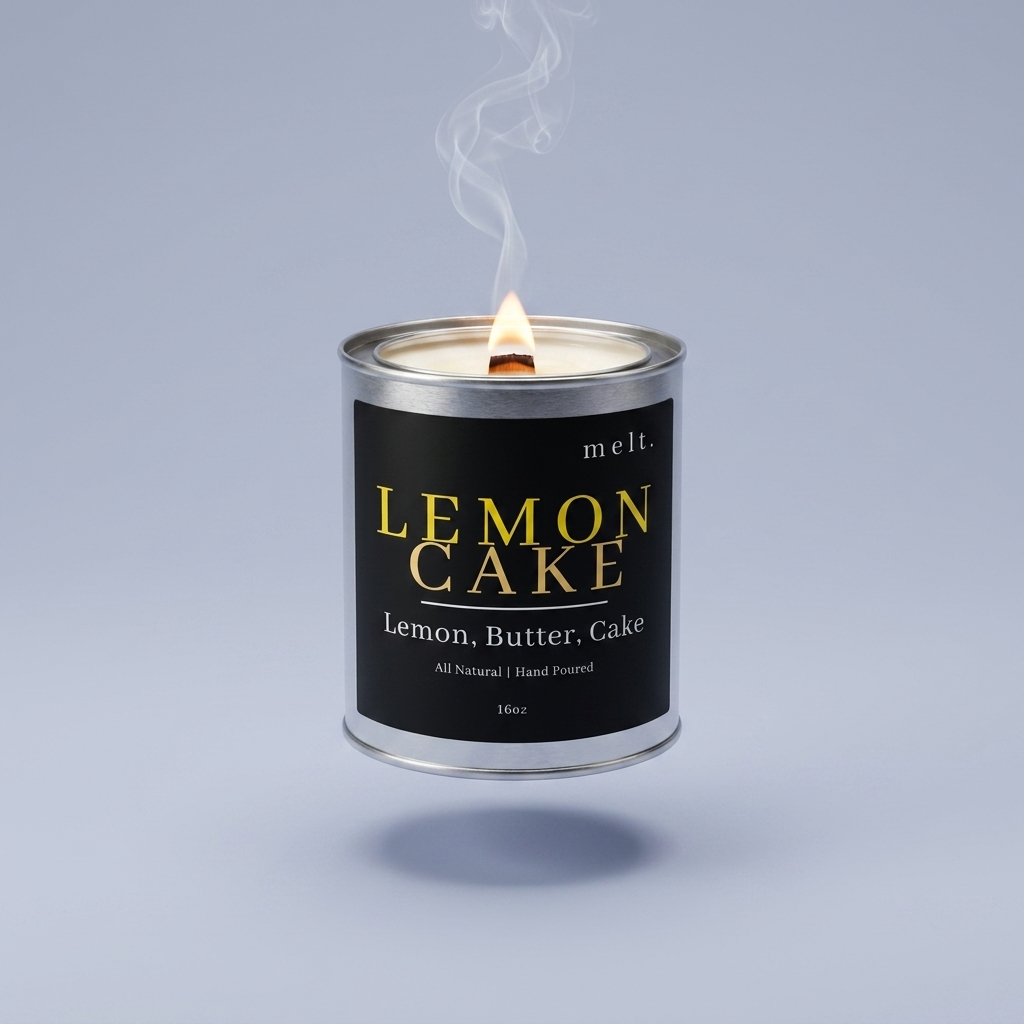 melt. lemon cake candle floating with lit wooden wick and a wisp of smoke on a pale periwinkle blue-gray background