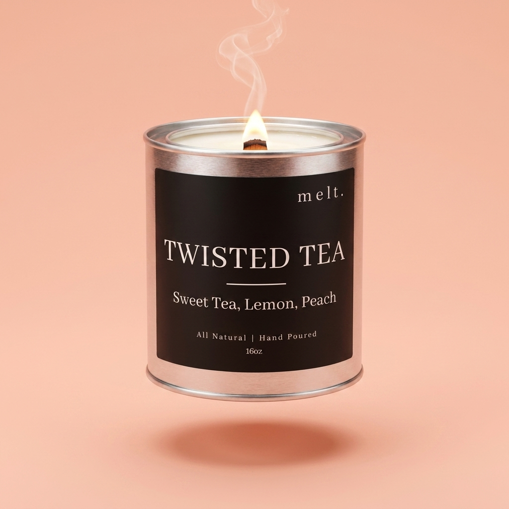 melt. twisted tea candle floating with lit wooden wick and a wisp of smoke on a pale peach coral background
