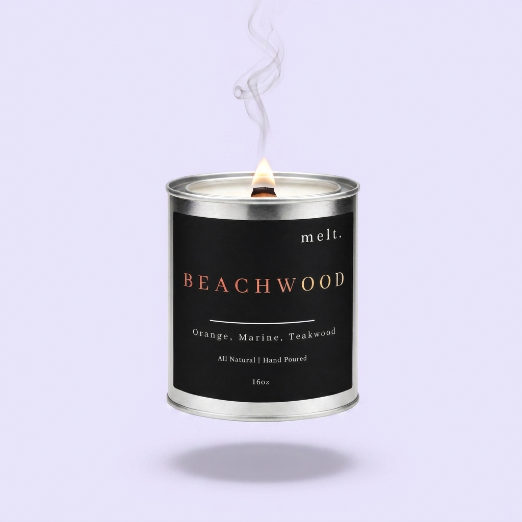 melt. beechwood candle floating with lit wooden wick and a wisp of smoke on a pale lavender background