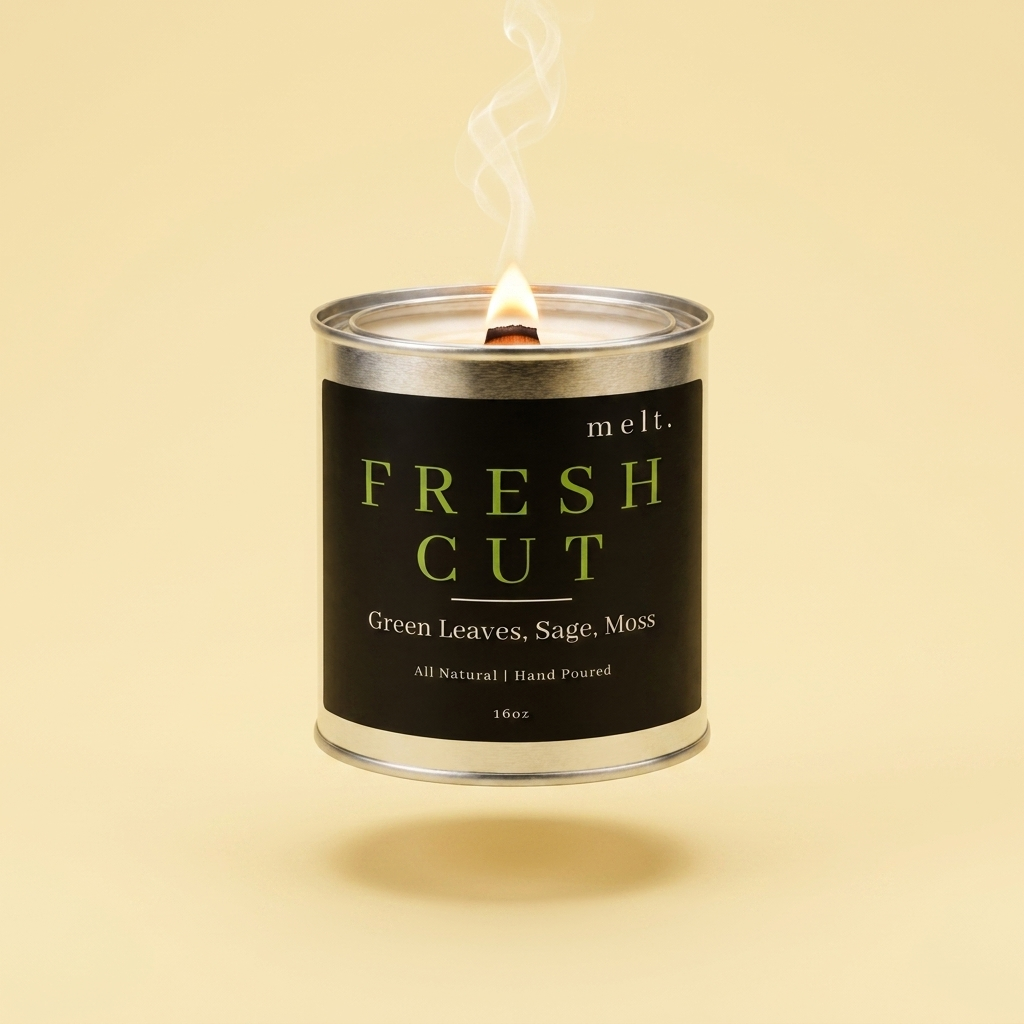 melt. fresh cut candle floating with lit wooden wick and a wisp of smoke on a pale butter yellow background