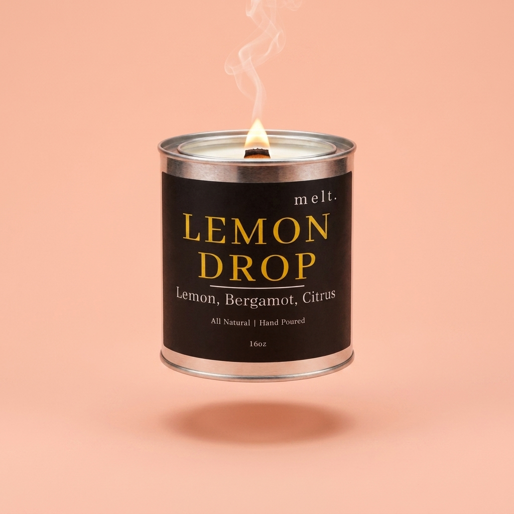 melt. lemon drop candle floating with lit wooden wick and a wisp of smoke on a pale peach coral background