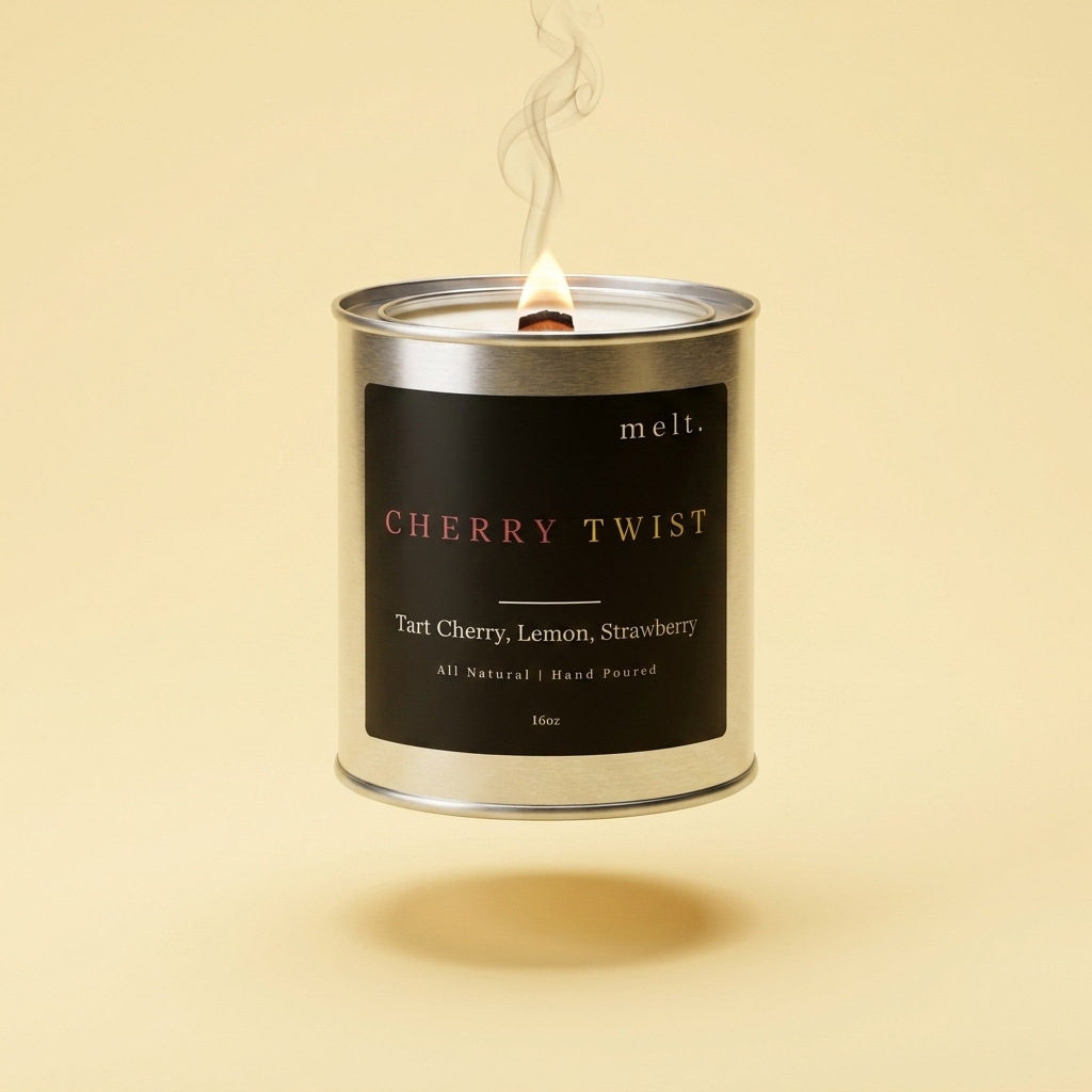 melt. cherry twist candle floating with lit wooden wick and a wisp of smoke on a pale butter yellow background