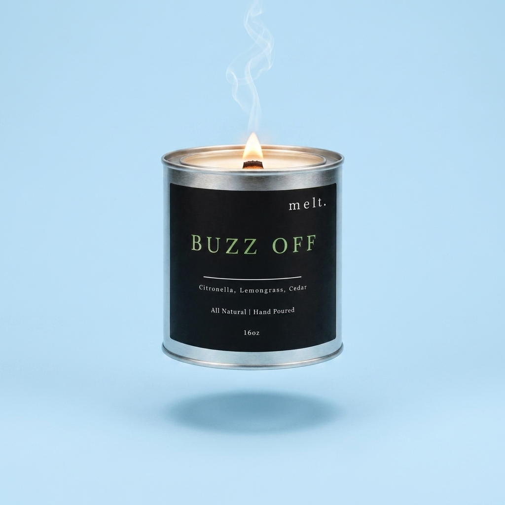 melt. buzz off candle floating with lit wooden wick and a wisp of smoke on a pastel sky blue background