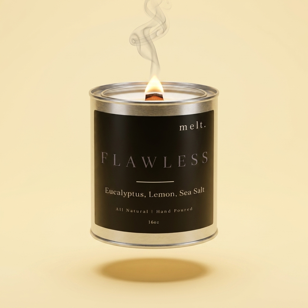 melt. free spirit candle floating with lit wooden wick and a wisp of smoke on a pale butter yellow background